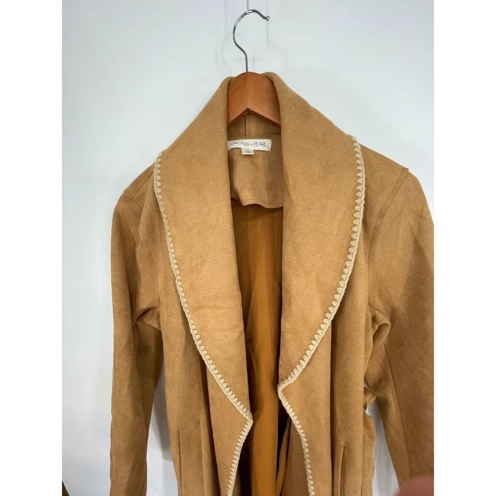 Cactus + Pearl Womens M Wrap Coat Tan Faux Suede Crochet Trim Belted Boho Flair